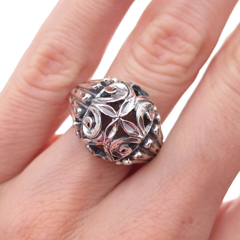 Morning Sun 925 Sterling Silver Vintage Floral Cross Oxidized Dome Ring Size 6